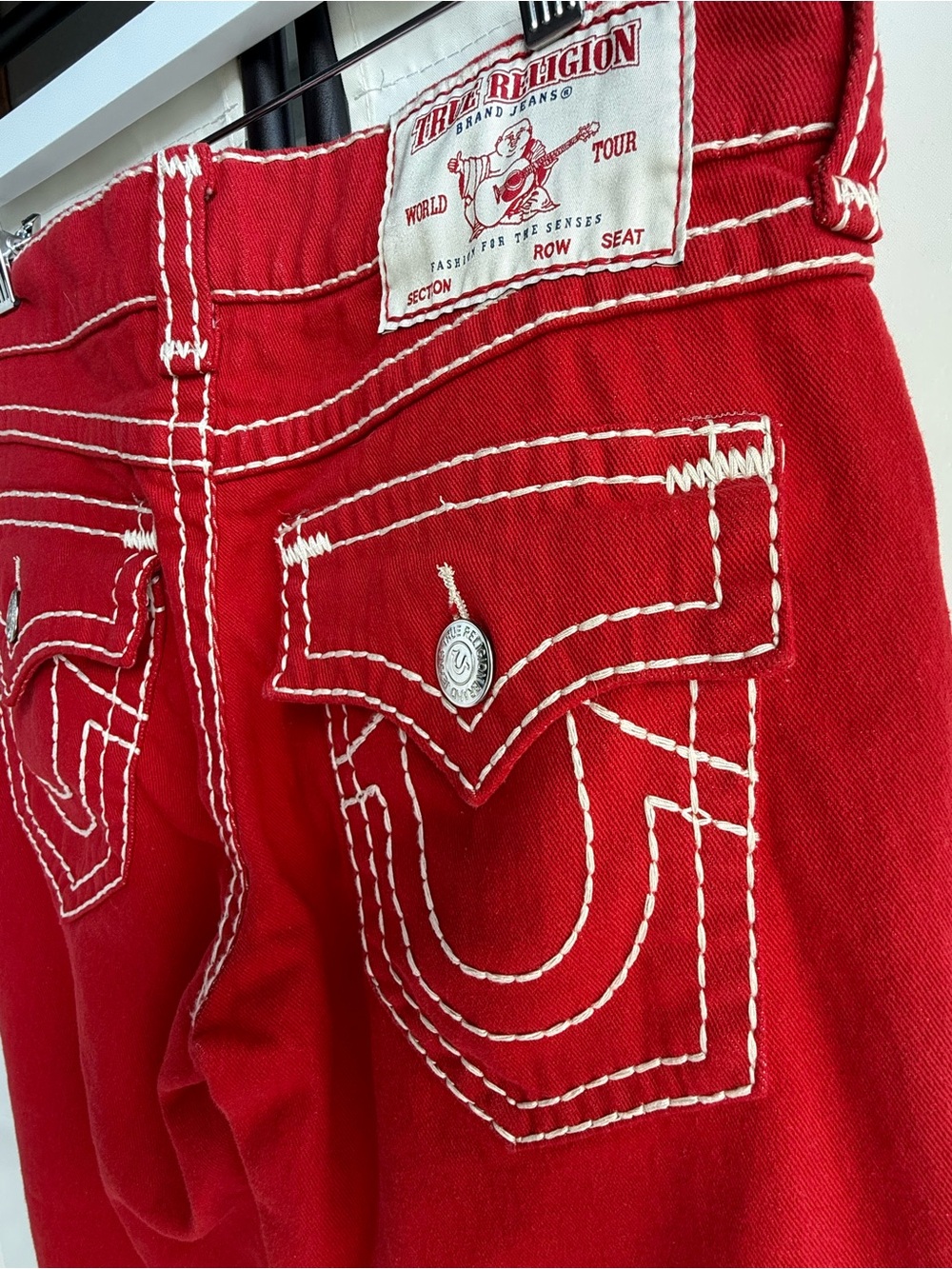 Women’s True Religion Jeans.  Red with White Contrast Stitching